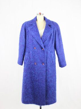 Vintage 70's ANNA Blue Bardolino Mohair Wool Long Peacoat Overcoat Coat, Size XL
